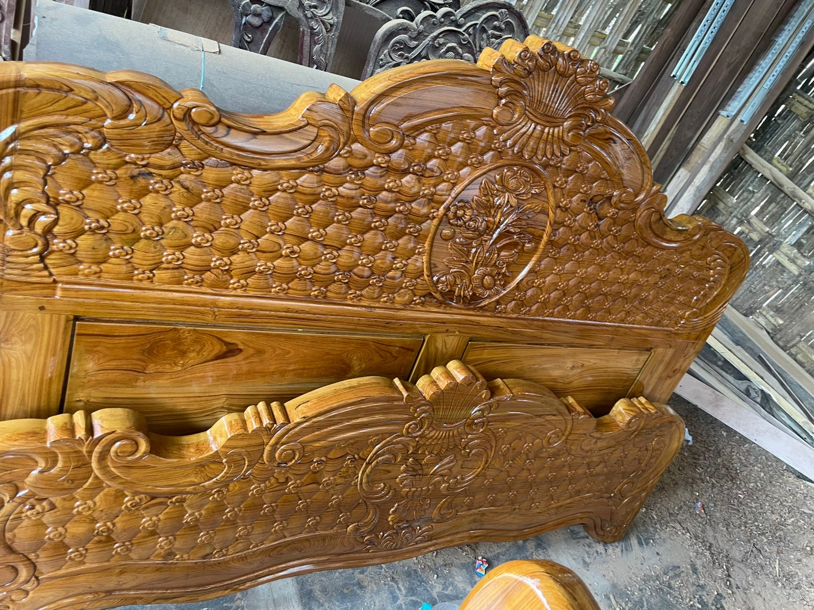 Teak wood bed being crafted in our workshop